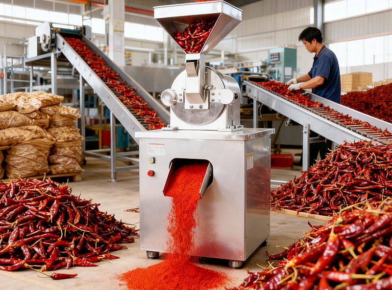 chili powder grinding machine works in our factory